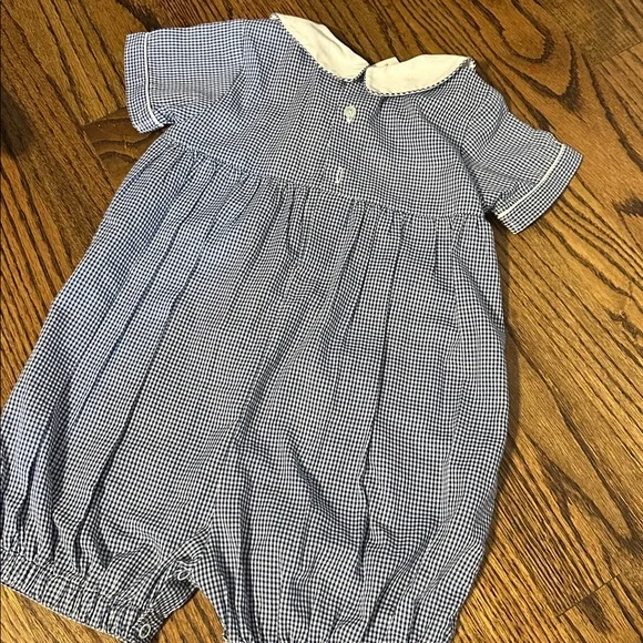 Blue Checkered Baby Romper with Train Smocking - Picture 6 of 6